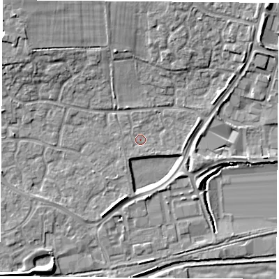 Shaded relief map of the ground around RG194FP, computed from Environment Agency LiDAR. The ground here sits at about 67 m above sea level and falls 12 m across the surrounding 800 m. Surface water reaching this point runs off ground lying to the south-west, 0.9 m higher.