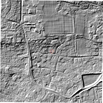 Shaded relief map of the ground around RG194GB, computed from Environment Agency LiDAR. The ground here sits at about 68 m above sea level and falls 12 m across the surrounding 800 m. Surface water reaching this point runs off ground lying to the north-north-east, 6.2 m higher.