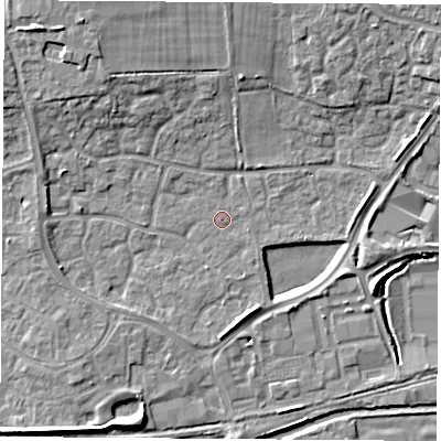 Shaded relief map of the ground around RG194GU, computed from Environment Agency LiDAR. The ground here sits at about 68 m above sea level and falls 11 m across the surrounding 800 m. Surface water reaching this point runs off ground lying to the south-west, 0.8 m higher.