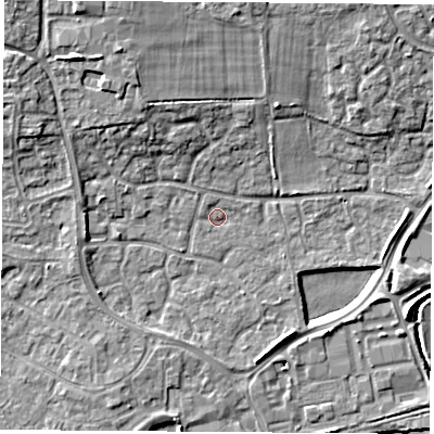 Shaded relief map of the ground around RG194GX, computed from Environment Agency LiDAR. The ground here sits at about 68 m above sea level and falls 11 m across the surrounding 800 m. Surface water reaching this point runs off ground lying to the north-west, 6.6 m higher.