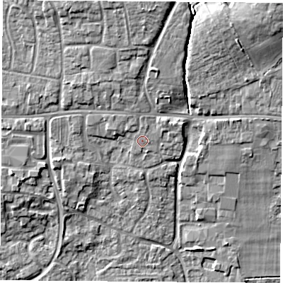 Shaded relief map of the ground around RG194JT, computed from Environment Agency LiDAR. The ground here sits at about 76 m above sea level and falls 16 m across the surrounding 800 m. Surface water reaching this point runs off ground lying to the north-east, 1.2 m higher.