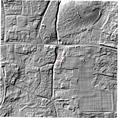 Shaded relief map of the ground around RG194LJ, computed from Environment Agency LiDAR. The ground here sits at about 74 m above sea level and falls 18 m across the surrounding 800 m. Surface water reaching this point runs off ground lying to the north-east, 13.8 m higher.