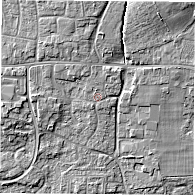 Shaded relief map of the ground around RG194LR, computed from Environment Agency LiDAR. The ground here sits at about 75 m above sea level and falls 17 m across the surrounding 800 m. Surface water reaching this point runs off ground lying to the north-north-east, 2.4 m higher.