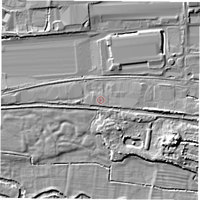 Shaded relief map of the ground around RG194NB, computed from Environment Agency LiDAR. The ground here sits at about 67 m above sea level and falls 8 m across the surrounding 800 m. The ground contributing surface water to this point lies to the south-south-east.