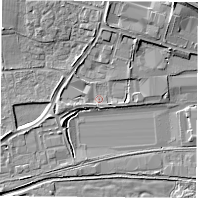 Shaded relief map of the ground around RG194ND, computed from Environment Agency LiDAR. The ground here sits at about 67 m above sea level and falls 13 m across the surrounding 800 m. Surface water reaching this point runs off ground lying to the north-north-east, 5.5 m higher.