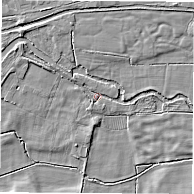 Shaded relief map of the ground around RG194NG, computed from Environment Agency LiDAR. The ground here sits at about 65 m above sea level and falls 8 m across the surrounding 800 m. Surface water reaching this point runs off ground lying to the north-west, 2.2 m higher.