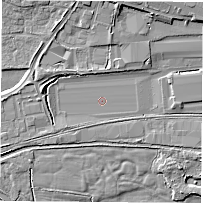 Shaded relief map of the ground around RG194NJ, computed from Environment Agency LiDAR. The ground here sits at about 66 m above sea level and falls 8 m across the surrounding 800 m. Surface water reaching this point runs off ground lying to the west-south-west, 2.2 m higher.