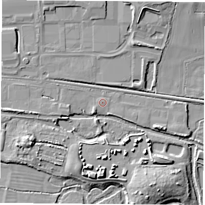 Shaded relief map of the ground around RG194NT, computed from Environment Agency LiDAR. The ground here sits at about 66 m above sea level and falls 12 m across the surrounding 800 m. Surface water reaching this point runs off ground lying to the west, 0.6 m higher.