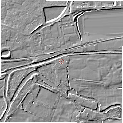 Shaded relief map of the ground around RG194NU, computed from Environment Agency LiDAR. The ground here sits at about 67 m above sea level and falls 8 m across the surrounding 800 m. Surface water reaching this point runs off ground lying to the west-south-west, 0.7 m higher.