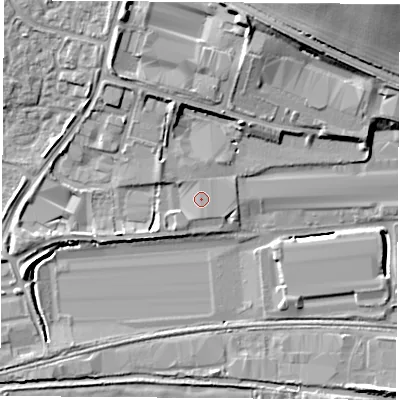Shaded relief map of the ground around RG194NW, computed from Environment Agency LiDAR. The ground here sits at about 68 m above sea level and falls 16 m across the surrounding 800 m. Surface water reaching this point runs off ground lying to the south-west, 2.2 m higher.