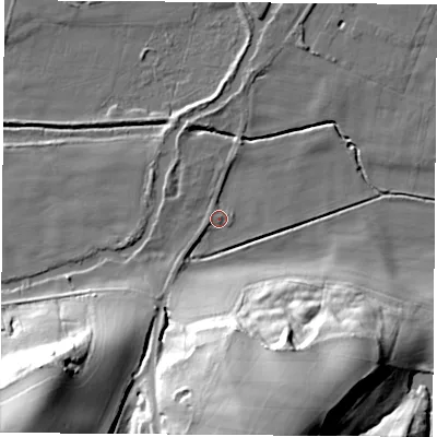Shaded relief map of the ground around RG194NX, computed from Environment Agency LiDAR. The ground here sits at about 66 m above sea level and falls 46 m across the surrounding 800 m. Surface water reaching this point runs off ground lying to the south-west, 25.1 m higher.