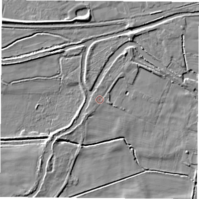 Shaded relief map of the ground around RG194PA, computed from Environment Agency LiDAR. The ground here sits at about 67 m above sea level and falls 9 m across the surrounding 800 m. Surface water reaching this point runs off ground lying to the north, 1.1 m higher.