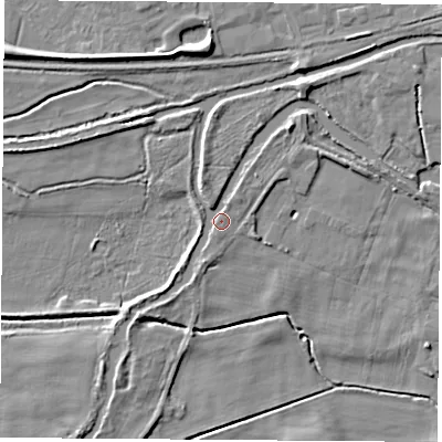 Shaded relief map of the ground around RG194PQ, computed from Environment Agency LiDAR. The ground here sits at about 67 m above sea level and falls 9 m across the surrounding 800 m. Surface water reaching this point runs off ground lying to the north-north-west, 2.7 m higher.
