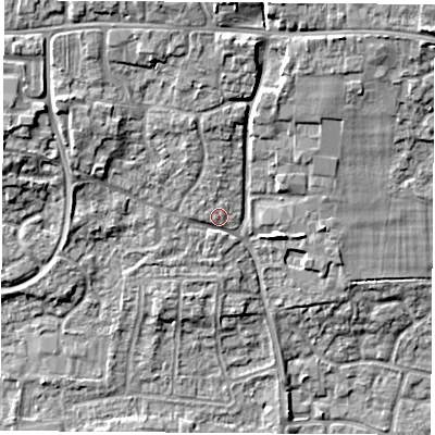 Shaded relief map of the ground around RG194QA, computed from Environment Agency LiDAR. The ground here sits at about 73 m above sea level and falls 13 m across the surrounding 800 m. Surface water reaching this point runs off ground lying to the north, 5.9 m higher.