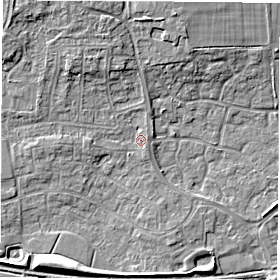 Shaded relief map of the ground around RG194QH, computed from Environment Agency LiDAR. The ground here sits at about 69 m above sea level and falls 7 m across the surrounding 800 m. Surface water reaching this point runs off ground lying to the north, 5.6 m higher.