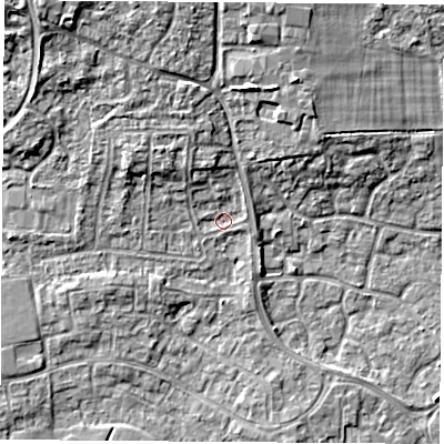 Shaded relief map of the ground around RG194QN, computed from Environment Agency LiDAR. The ground here sits at about 69 m above sea level and falls 9 m across the surrounding 800 m. Surface water reaching this point runs off ground lying to the north-north-west, 5.1 m higher.