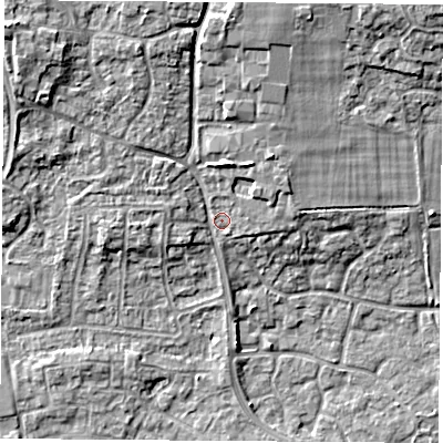 Shaded relief map of the ground around RG194QQ, computed from Environment Agency LiDAR. The ground here sits at about 71 m above sea level and falls 10 m across the surrounding 800 m. Surface water reaching this point runs off ground lying to the north-west, 7.3 m higher.