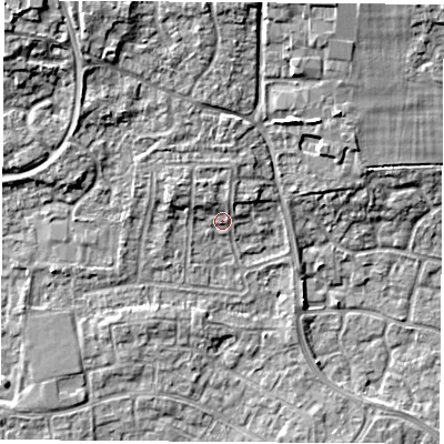Shaded relief map of the ground around RG194QW, computed from Environment Agency LiDAR. The ground here sits at about 70 m above sea level and falls 11 m across the surrounding 800 m. Surface water reaching this point runs off ground lying to the north-north-west, 2.5 m higher.