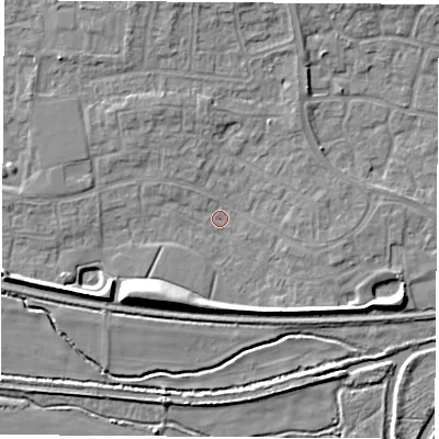 Shaded relief map of the ground around RG194RA, computed from Environment Agency LiDAR. The ground here sits at about 68 m above sea level and falls 8 m across the surrounding 800 m. Surface water reaching this point runs off ground lying to the south-west, 6.2 m higher.