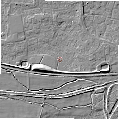Shaded relief map of the ground around RG194RD, computed from Environment Agency LiDAR. The ground here sits at about 68 m above sea level and falls 9 m across the surrounding 800 m. Surface water reaching this point runs off ground lying to the south-west, 6.1 m higher.