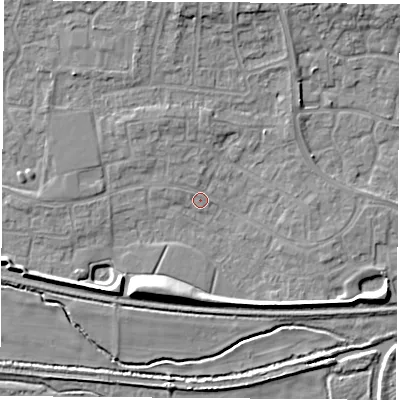 Shaded relief map of the ground around RG194RE, computed from Environment Agency LiDAR. The ground here sits at about 68 m above sea level and falls 7 m across the surrounding 800 m. Surface water reaching this point runs off ground lying to the south-west, 5.4 m higher.
