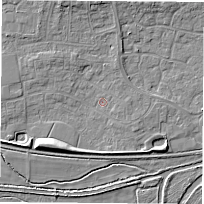 Shaded relief map of the ground around RG194RL, computed from Environment Agency LiDAR. The ground here sits at about 68 m above sea level and falls 8 m across the surrounding 800 m. Surface water reaching this point runs off ground lying to the south-west, 6.2 m higher.