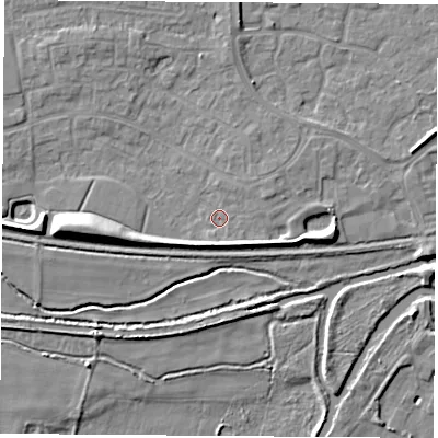 Shaded relief map of the ground around RG194RN, computed from Environment Agency LiDAR. The ground here sits at about 68 m above sea level and falls 9 m across the surrounding 800 m. Surface water reaching this point runs off ground lying to the south-south-east, 2.9 m higher.