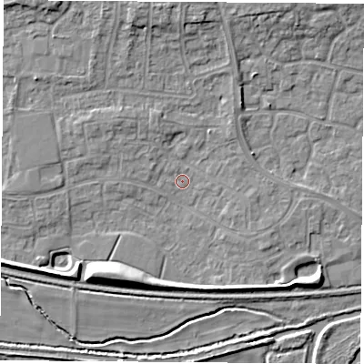 Shaded relief map of the ground around RG194RP, computed from Environment Agency LiDAR. The ground here sits at about 68 m above sea level and falls 8 m across the surrounding 800 m. Surface water reaching this point runs off ground lying to the south-west, 7.4 m higher.