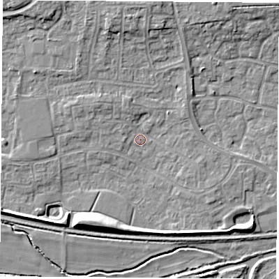 Shaded relief map of the ground around RG194RR, computed from Environment Agency LiDAR. The ground here sits at about 68 m above sea level and falls 7 m across the surrounding 800 m. Surface water reaching this point runs off ground lying to the west-south-west, 4.8 m higher.