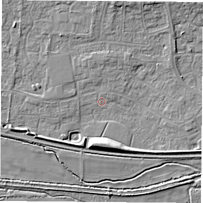 Shaded relief map of the ground around RG194RZ, computed from Environment Agency LiDAR. The ground here sits at about 68 m above sea level and falls 10 m across the surrounding 800 m. Surface water reaching this point runs off ground lying to the south, 7.4 m higher.