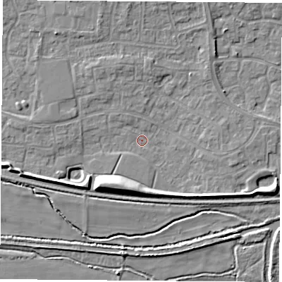 Shaded relief map of the ground around RG194SA, computed from Environment Agency LiDAR. The ground here sits at about 68 m above sea level and falls 8 m across the surrounding 800 m. Surface water reaching this point runs off ground lying to the south-west, 5.4 m higher.