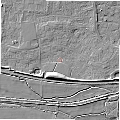 Shaded relief map of the ground around RG194SD, computed from Environment Agency LiDAR. The ground here sits at about 68 m above sea level and falls 9 m across the surrounding 800 m. Surface water reaching this point runs off ground lying to the south-west, 5.4 m higher.