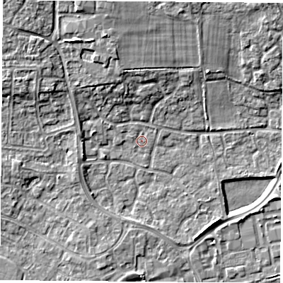 Shaded relief map of the ground around RG194YB, computed from Environment Agency LiDAR. The ground here sits at about 68 m above sea level and falls 11 m across the surrounding 800 m. Surface water reaching this point runs off ground lying to the north-north-west, 6.4 m higher.