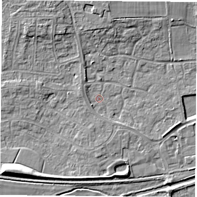 Shaded relief map of the ground around RG194YE, computed from Environment Agency LiDAR. The ground here sits at about 68 m above sea level and falls 11 m across the surrounding 800 m. Surface water reaching this point runs off ground lying to the south-west, 1.6 m higher.