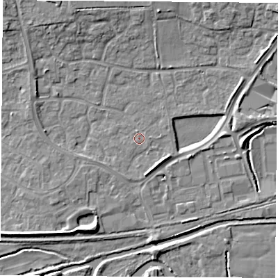 Shaded relief map of the ground around RG194YF, computed from Environment Agency LiDAR. The ground here sits at about 68 m above sea level and falls 9 m across the surrounding 800 m. Surface water reaching this point runs off ground lying to the north-north-west, 1.0 m higher.