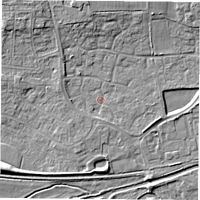 Shaded relief map of the ground around RG194YG, computed from Environment Agency LiDAR. The ground here sits at about 68 m above sea level and falls 11 m across the surrounding 800 m. Surface water reaching this point runs off ground lying to the south, 1.5 m higher.