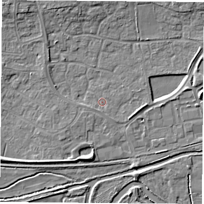 Shaded relief map of the ground around RG194YH, computed from Environment Agency LiDAR. The ground here sits at about 68 m above sea level and falls 9 m across the surrounding 800 m. Surface water reaching this point runs off ground lying to the west-south-west, 1.3 m higher.
