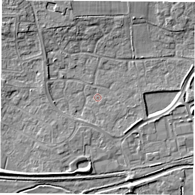 Shaded relief map of the ground around RG194YJ, computed from Environment Agency LiDAR. The ground here sits at about 68 m above sea level and falls 9 m across the surrounding 800 m. Surface water reaching this point runs off ground lying to the west-north-west, 2.8 m higher.