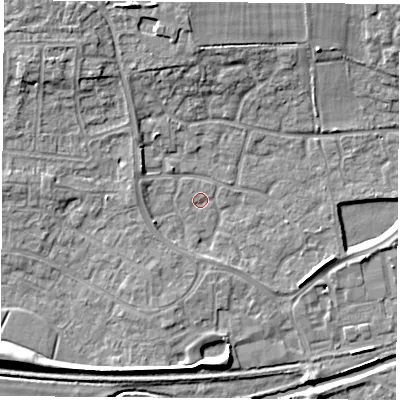 Shaded relief map of the ground around RG194YQ, computed from Environment Agency LiDAR. The ground here sits at about 68 m above sea level and falls 11 m across the surrounding 800 m. Surface water reaching this point runs off ground lying to the west, 2.3 m higher.
