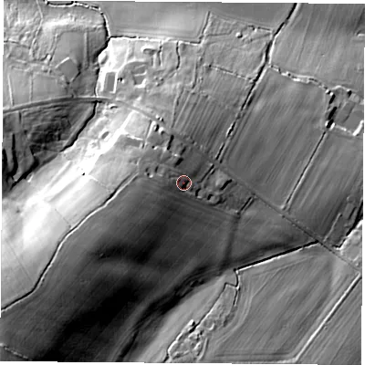 Shaded relief map of the ground around RG198AT, computed from Environment Agency LiDAR. The ground here sits at about 88 m above sea level and falls 39 m across the surrounding 800 m. Surface water reaching this point runs off ground lying to the south-west, 16.8 m higher.