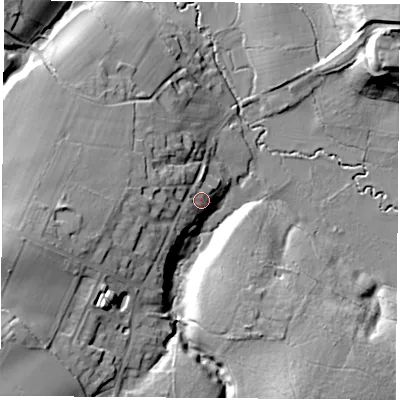 Shaded relief map of the ground around RG198BD, computed from Environment Agency LiDAR. The ground here sits at about 73 m above sea level and falls 31 m across the surrounding 800 m. Surface water reaching this point runs off ground lying to the west-south-west, 11.0 m higher.