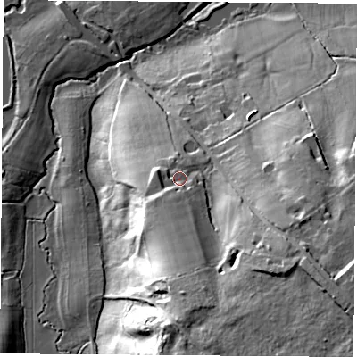 Shaded relief map of the ground around RG198LA, computed from Environment Agency LiDAR. The ground here sits at about 92 m above sea level and falls 39 m across the surrounding 800 m. Surface water reaching this point runs off ground lying to the south, 8.8 m higher.