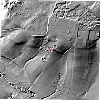 Shaded relief map of the ground around RG198LB, computed from Environment Agency LiDAR. The ground here sits at about 103 m above sea level and falls 39 m across the surrounding 800 m. Surface water reaching this point runs off ground lying to the north-east, 9.7 m higher.