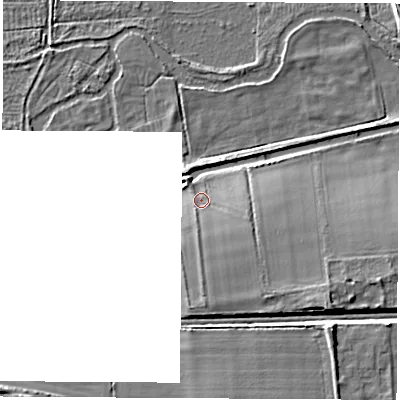 Shaded relief map of the ground around RG200EX, computed from Environment Agency LiDAR. The ground here sits at about 79 m above sea level and falls 10 m across the surrounding 800 m. Surface water reaching this point runs off ground lying to the south, 4.9 m higher.