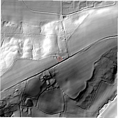 Shaded relief map of the ground around RG200HA, computed from Environment Agency LiDAR. The ground here sits at about 108 m above sea level and falls 42 m across the surrounding 800 m. Surface water reaching this point runs off ground lying to the west-south-west, 7.2 m higher.