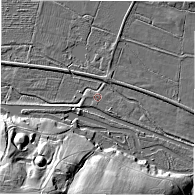 Shaded relief map of the ground around RG200JE, computed from Environment Agency LiDAR. The ground here sits at about 83 m above sea level and falls 39 m across the surrounding 800 m. Surface water reaching this point runs off ground lying to the west-south-west, 2.0 m higher.
