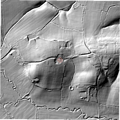 Shaded relief map of the ground around RG200JH, computed from Environment Agency LiDAR. The ground here sits at about 124 m above sea level and falls 22 m across the surrounding 800 m. Surface water reaching this point runs off ground lying to the west, 7.2 m higher.