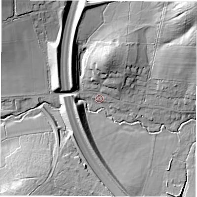 Shaded relief map of the ground around RG200LY, computed from Environment Agency LiDAR. The ground here sits at about 97 m above sea level and falls 27 m across the surrounding 800 m. Surface water reaching this point runs off ground lying to the north-north-east, 15.8 m higher.