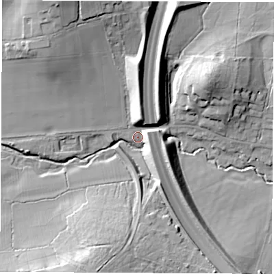 Shaded relief map of the ground around RG200NA, computed from Environment Agency LiDAR. The ground here sits at about 98 m above sea level and falls 22 m across the surrounding 800 m. Surface water reaching this point runs off ground lying to the north-north-west, 19.7 m higher.