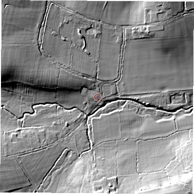 Shaded relief map of the ground around RG200ND, computed from Environment Agency LiDAR. The ground here sits at about 101 m above sea level and falls 19 m across the surrounding 800 m. Surface water reaching this point runs off ground lying to the west-north-west, 8.5 m higher.